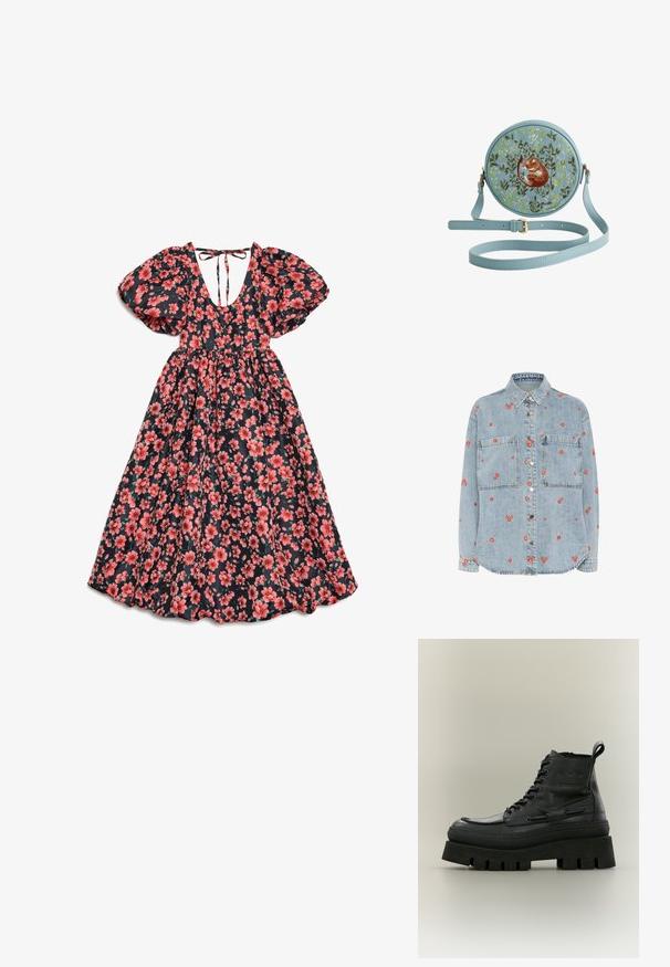 Lys blå denimskjorte med lange ærmer, to brystlommer og spredt rød blomst broderi. Knappet foran med sølvknapper.; Sort midi-kjole med puffede korte ærmer, pink blomsterprint, dyb V-udskæring og bindelukning bagpå.; Sort læder chunky platformstøvle med snørelukning foran og tyk rillede sål vist fra siden på en neutral baggrund.; Rund, lyseblå læder crossbody taske med broderet design, der viser et brunt gnaver blandt blomsteraccenter. Justerbar skulderrem inkluderet.
