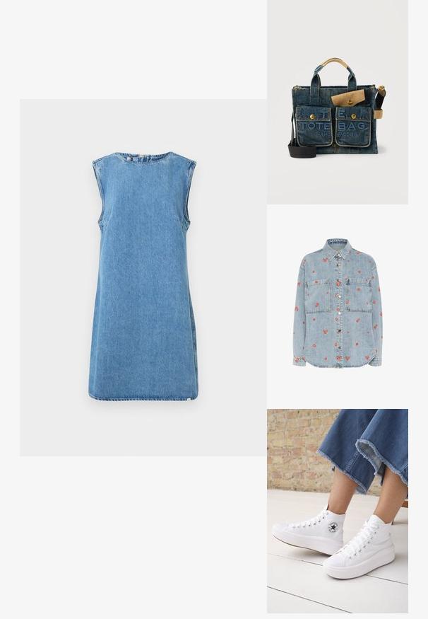 Lys blå denimskjorte med lange ærmer, to brystlommer og spredt rød blomst broderi. Knappet foran med sølvknapper.; Lysblå denim uden ærmer kjole med rund halsudskæring og lige snit. Har sidesømme og en nederste kant, der er syet frynser.; Person iført hvide høje Converse-sneakers med tykke såler og beskårne blå jeans med flossede kanter mod en murstensvæg og hvidt gulv.; Marc Jacobs denim tote taske med to frontlommer med knapper og lysebrune læderdetaljer, med teksten "THE TOTE BAG" og sort skulderrem.