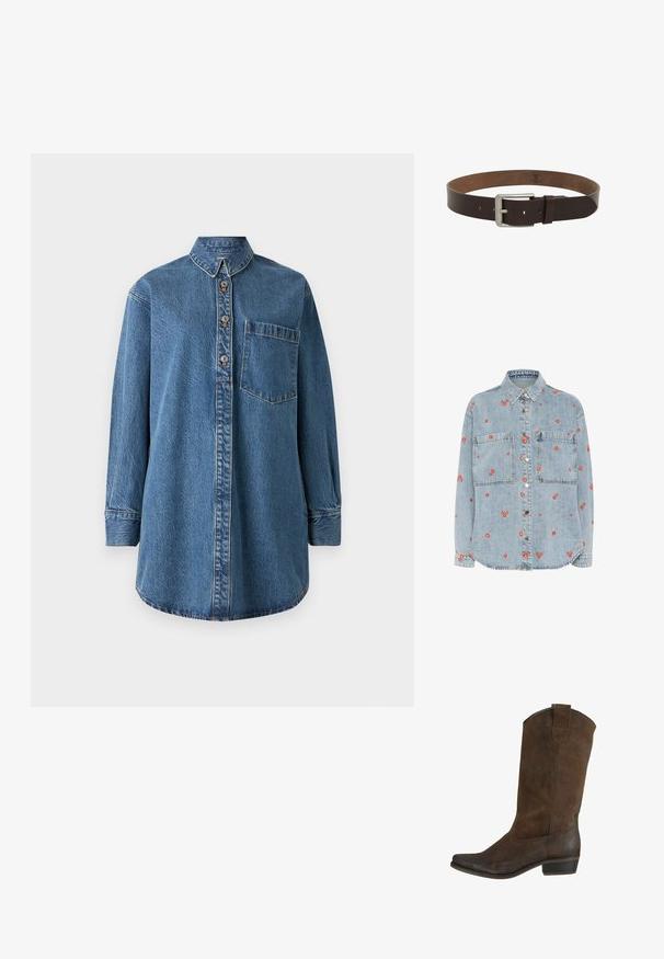 Lys blå denimskjorte med lange ærmer, to brystlommer og spredt rød blomst broderi. Knappet foran med sølvknapper.; Denimskjorte i mellemblå med lange ærmer, knaplukning foran, spidse krave og brystlomme. Har synlige stikninger som detalje.; Brune suede cowboy støvle med spids tå, mellemhøj skaft og en stablet hæl. Har en subtil syning og en pull tab for nem påtagning.; Brun læderbælte med en glat overflade, udstyret med en sølvmetalspænde og flere huller til justering. Klassisk og funktionelt design.