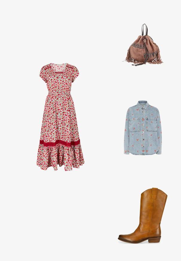 Lichtblauwe denim overhemd met lange mouwen, twee borstzakken en verspreide rode bloemenborduursels. Knopsluiting aan de voorkant met zilveren knopen.; Bloemen maxi-jurk made van lichtgewicht stof, met een rood, groen en wit bloemenpatroon, elastische taille en een gerimpelde rand.; Heren leren cowboylaarzen in tan kleur met een gladde afwerking, een gebogen bovenkant, decoratieve stiksels op de teen en een lage gestapelde hak. Bruin accentlogo op de zijkant.; Bruine suède trekkoordtas met zwarte leren accenten, franjes en decoratieve zilveren studs langs de bovenrand.
