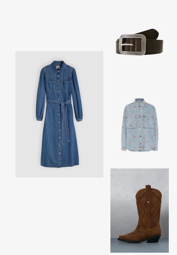 Lichtblauwe denim overhemd met lange mouwen, twee borstzakken en verspreide rode bloemenborduursels. Knopsluiting aan de voorkant met zilveren knopen.; Denimjurk met een kraag, lange pofmouwen, knoopsluiting aan de voorkant, twee borstzakken, taillekoord en knielengte in donkerblauw.; Bruine suède cowboylaars met decoratieve stiksels en een vlagembleem op de schacht, staande op een houten lattenvloer buiten.; Bruine leren riem met een rechthoekige zilverkleurige gesp met een gestructureerde rand en een enkele pin voor het sluiten.