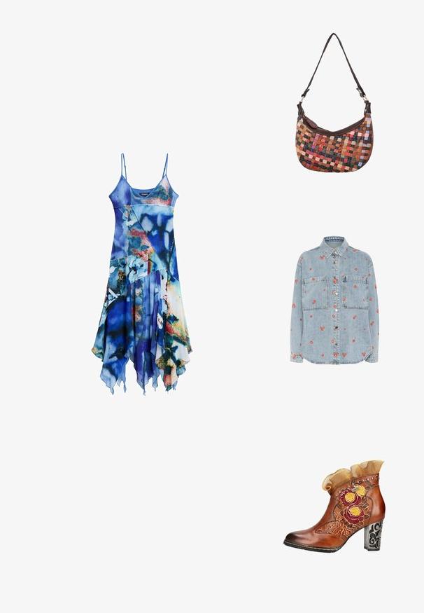 Lichtblauwe denim overhemd met lange mouwen, twee borstzakken en verspreide rode bloemenborduursels. Knopsluiting aan de voorkant met zilveren knopen.; Blauwe abstracte print mouwloze jurk met dunne bandjes, asymmetrische zoom en gelaagde vloeiende stofpanelen.; Bruine leren enkellaars met geborduurde bloemen, decoratieve studs, gerimpelde stoffen rand en een sierlijke zwarte blokhak met patroon.; Kleine schoudertas met meerkleurige geweven leren stroken en een donkerbruine leren rand en band tegen een witte achtergrond.
