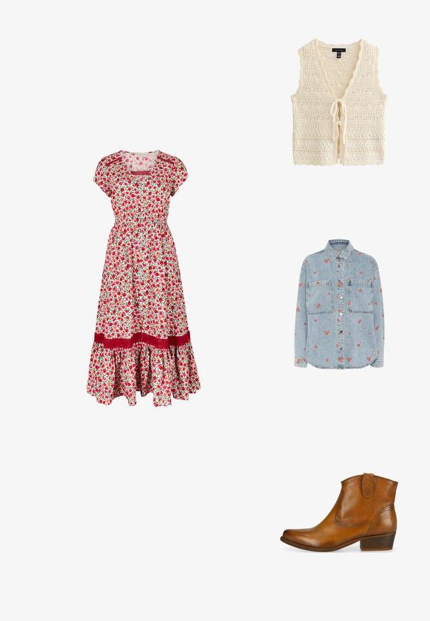 Chemise en denim bleu clair à manches longues, avec deux poches poitrine et des broderies de fleurs rouges éparpillées. Boutonnage sur le devant avec des boutons en argent.; New Look WAVE STITCHY TIE - Veste sans manches - cream; Robe maxi florale en tissu léger, avec un motif de fleurs rouges, vertes et blanches, taille élastique et ourlet à volants.; Bottine en cuir marron avec un petit talon carré. Elle présente des motifs cousus sur le bout et une couture décorative le long du col.