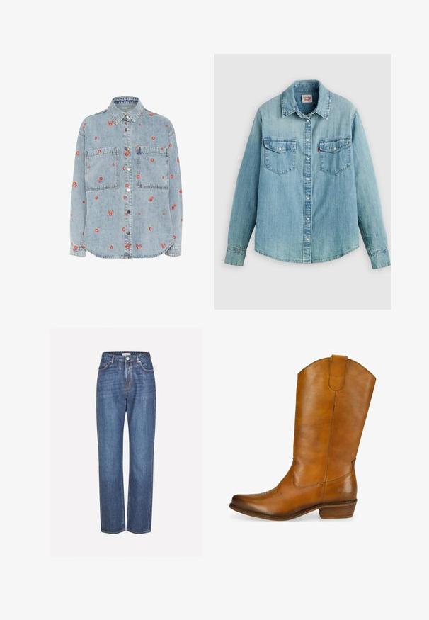 Lichtblauwe denim overhemd met lange mouwen, twee borstzakken en verspreide rode bloemenborduursels. Knopsluiting aan de voorkant met zilveren knopen.; Lichtblauw denim overhemd met een klassieke kraag, knoopsluiting aan de voorkant, twee borstzakken en knoopmanchetten met een licht afgeronde zoom.; Lichtblauwe denim jeans met een rechte pijpdesign, voorzien van een knopenfly, vijf zakken en subtiele vervaging op de stof.; Heren leren cowboylaarzen in tan kleur met een gladde afwerking, een gebogen bovenkant, decoratieve stiksels op de teen en een lage gestapelde hak. Bruin accentlogo op de zijkant.