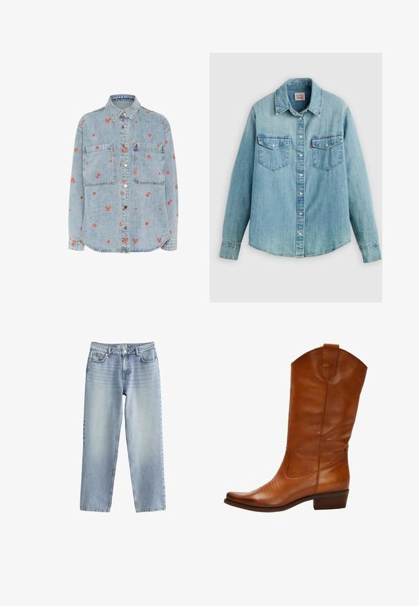 Chemise en denim bleu clair à manches longues, avec deux poches poitrine et des broderies de fleurs rouges éparpillées. Boutonnage sur le devant avec des boutons en argent.; Chemise en denim bleu clair avec un col classique, une fermeture à boutons sur le devant, deux poches poitrine, des poignets boutonnés et un ourlet légèrement arrondi.; Jean en denim bleu clair avec une coupe droite, taille haute et décoloration subtile. Se ferme par un bouton et présente une coupe classique à cinq poches.; Botte de cow-boy en cuir marron avec un bout pointu, des coutures décoratives sur le coup de pied et un talon bas empilé. Présente une lanière de traction en haut.
