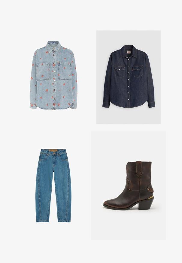 Lys blå denimskjorte med lange ærmer, to brystlommer og spredt rød blomst broderi. Knappet foran med sølvknapper.; Mørkeblå denimskjorte med lange ærmer, knaplukning fortil, to brystlommer med klapper og kontrasterende gule sømme.; Blå denim jeans med høj talje, knap- og lynlåslukning, for- og baglommer samt kobbernitter.; Brune læder cowboystøvle med spids tå og stablet hæl. Har et dekorativt diamantmønster og en rem med hardware-detajle.