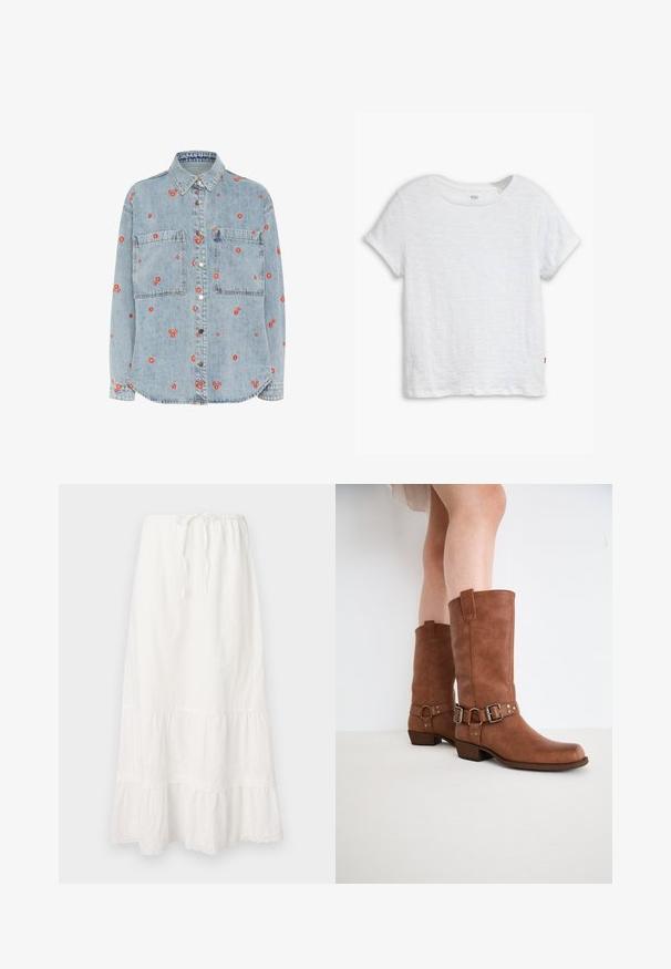 Chemise en denim bleu clair à manches longues, avec deux poches poitrine et des broderies de fleurs rouges éparpillées. Boutonnage sur le devant avec des boutons en argent.; T-shirt blanc à manches courtes en coton léger, avec un col rond, une coupe légèrement boxy et une petite étiquette de logo rouge au bas.; Jupe longue blanche en coton avec une taille élastique et un cordon de serrage ajustable. Elle est composée de couches superposées avec une délicate dentelle en bas.; Bottines en cuir marron avec un bout légèrement pointu, des boucles décoratives et un talon bas empilé. Texture lisse avec une finition mate.