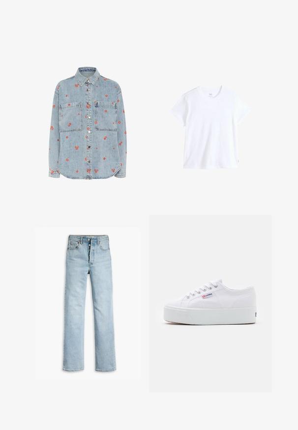 Lys blå denimskjorte med lange ærmer, to brystlommer og spredt rød blomst broderi. Knappet foran med sølvknapper.; Hvid bomuld t-shirt med korte ærmer, rund halsudskæring og lige kant. Har en lille rød logoetiket på nederste venstre side.; Lyseblå denimjeans med lige ben-design, fem-lommestil, metalknapper og en let slidt tekstur på stoffet.; Hvide canvas sneakers med en tyk hvid platformssål, rund tå og metaløjelets til snørebånd. Mærkets logo præsenteret på siden.