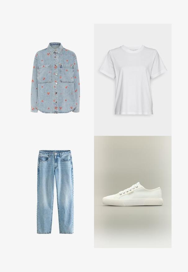 Chemise en denim bleu clair à manches longues, avec deux poches poitrine et des broderies de fleurs rouges éparpillées. Boutonnage sur le devant avec des boutons en argent.; T-shirt en coton blanc à manches courtes, col rond et coupe décontractée. Texture lisse, sans motifs ni graphiques, design basique.; Jeans taille haute bleu clair avec une coupe décontractée. Dotés d'une fermeture à bouton, de rivets en métal, de cinq poches et d'une texture en denim délavé.; Baskets basses blanches en toile avec semelle en caoutchouc texturée, lacets blancs et petite étiquette Calvin Klein sur le côté.