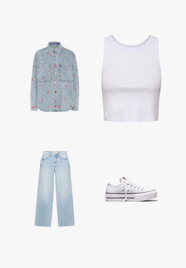 Lichtblauwe denim overhemd met lange mouwen, twee borstzakken en verspreide rode bloemenborduursels. Knopsluiting aan de voorkant met zilveren knopen.; Witte crop top gemaakt van ribbelstof, met een ronde halslijn en een mouwloos ontwerp met een aansluitende pasvorm. Geen patronen of accenten.; Lichtgewassen, wijd uitlopende jeans van denim. Heeft een hoge taille, vijf zakken en een ritssluiting met knoopsluiting. Licht beschadigde textuur.; Wit lage canvas sneaker met witte veters, rubberen zool, zwarte streepdetails en logopatch op de tong en hiel.