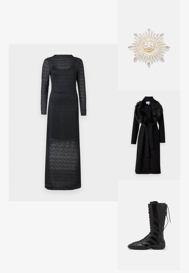 Lang sort frakke med en faux fur krave, bælte i taljen og lange ærmer. Har en glat tekstur og et enkelt, elegant design.; Sort langærmet kjole lavet af gennemsigtig tekstureret stof, med en rund halsudskæring og en tætsiddende silhuet, der strækker sig til anklerne.; Sorte høje støvler lavet af skinnende syntetisk materiale, med et komplikere snøredesign og diagonale stribe-detaljer på siderne.; Sølvbroche med et solstråle-design, prydet med klare rhinsten og en guldaccentueret cirkelformet midte med et emblem.