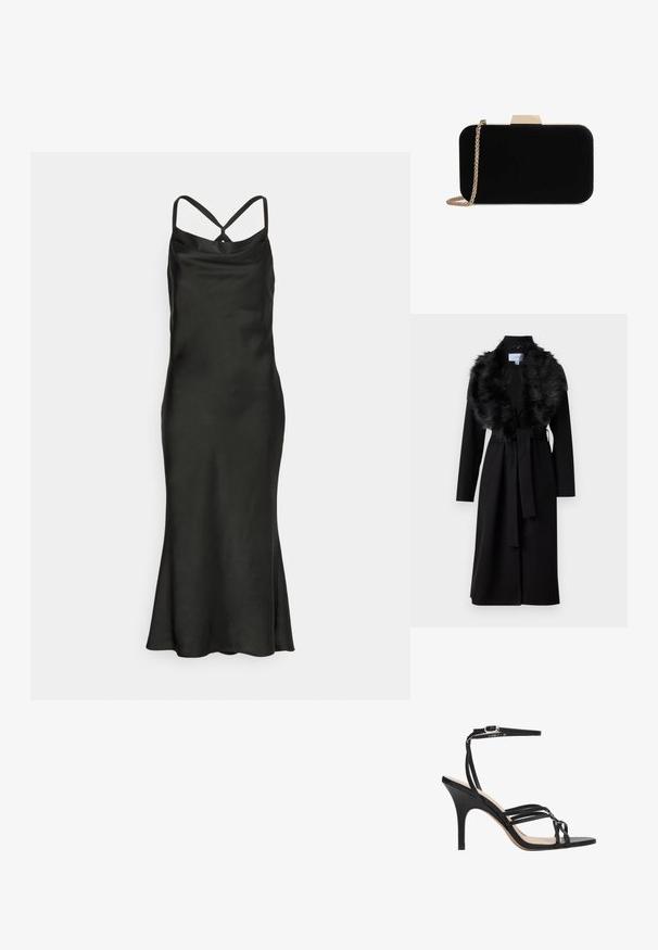 Langer schwarzer Mantel mit einem Kunstfellkragen, tailliertem Schnitt und langen Ärmeln. Hat eine glatte Textur und ein schlichtes, elegantes Design.; Jarlo Petite BIBI - Cocktailkleid/festliches Kleid - black; Schwarze Riemchen-Sandale mit hohem Absatz und schlankem Design, ausgestattet mit einem dünnen Knöchelriemen, offenem Zehenbereich und glatter Oberfläche an einem konisch zulaufenden Absatz.; Schwarze Samt-Clutch mit goldfarbener Hardware, rechteckiger Form und Kettenriemen, mit glatter Textur und ohne sichtbare Muster.