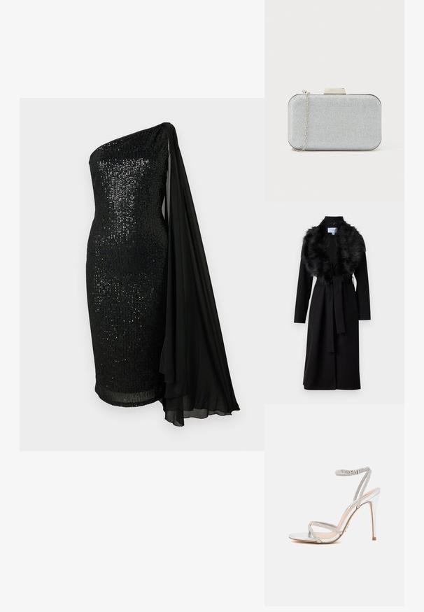 Long manteau noir avec un col en fausse fourrure, taille ceinturée et manches longues. Présente une texture lisse et un design simple et élégant.; Robe noire à paillettes avec un design à une épaule. Dotée d'un détail de cape en chiffon noir fluide, d'une silhouette ajustée et d'un ourlet au genou.; Sandale à talons hauts en argent avec des fines lanières, ornée de strass, présentant un design épuré et un bout pointu.; Pochette rectangulaire argentée métallique avec une surface texturée, une bandoulière chaîne argentée et un fermoir géométrique sur le dessus. Bords lisses.