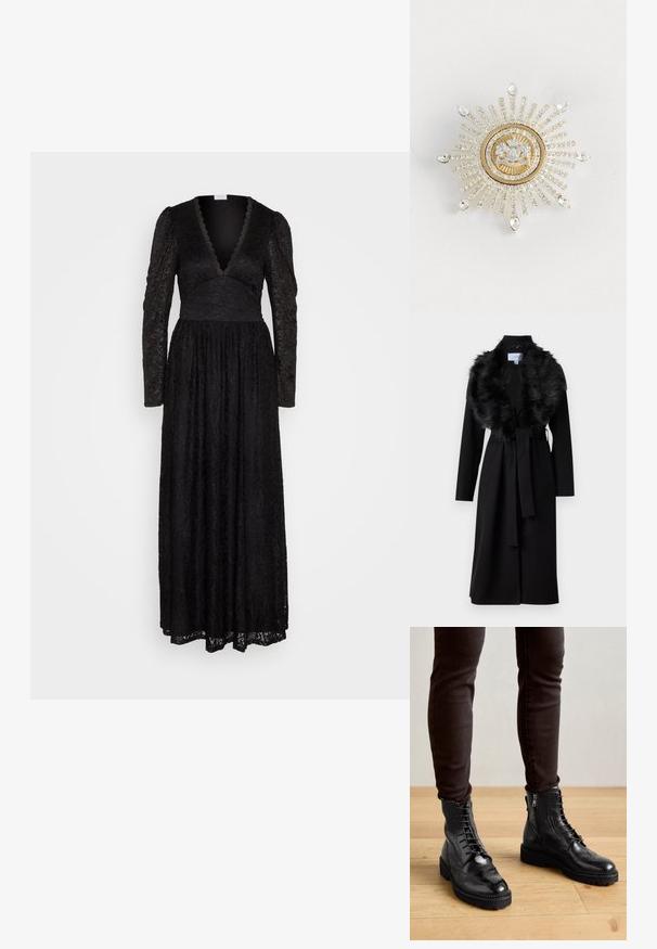 Lange zwarte jas met een nepbont kraag, ceintuur in de taille en lange mouwen. Beschikt over een soepele textuur en een eenvoudig, elegant ontwerp.; VILA VISARI ANCLE DRESS - Galajurk - black; Zwarte leren enkellaarsjes met brogue-details, een vetersluiting aan de voorkant, ritsen aan de zijkant en gestructureerde rubberen zolen. Gecombineerd met donkere slim-fit broek.; Gouden en zilveren broche in de vorm van een zonnestraal, met een centrale heldere edelsteen en stralende rijen van kleine heldere kristallen, met druppelaccenten.
