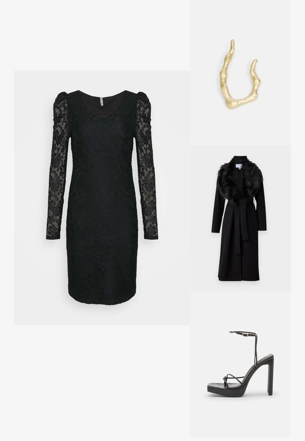 Pikk must mantel, millel on tehiskarvane krae, vöökoht ja pikad varrukad. Omab siledat tekstuuri ja lihtsat, elegantset disaini.; ONLY ONLPOULA DRESS - Vabalt langev kleit - black; DeeZee Kõrge kontsaga sandaalid - black; Kuldtoonitud sõrmus ebaregulaarselt lainelise disainiga. Sellel on tekstureeritud pind ja erinevad paksused, mis meenutavad orgaanilisi vorme.