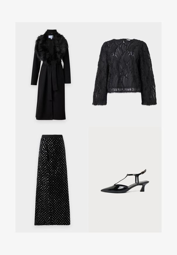 Lang sort frakke med en faux fur krave, bælte i taljen og lange ærmer. Har en glat tekstur og et enkelt, elegant design.; Sort langærmet top med lagdelt, tekstureret design med svulm. Fremstillet af gennemsigtigt materiale, med rund halsudskæring og rå kanter.; Sort velour maxi nederdel prydet med et diamanthulmønster, der har en glat talje og en lige silhuet.; Sort laklæder spids tå slingback sko med T-rem og lav skrå blokhæl på hvid baggrund.