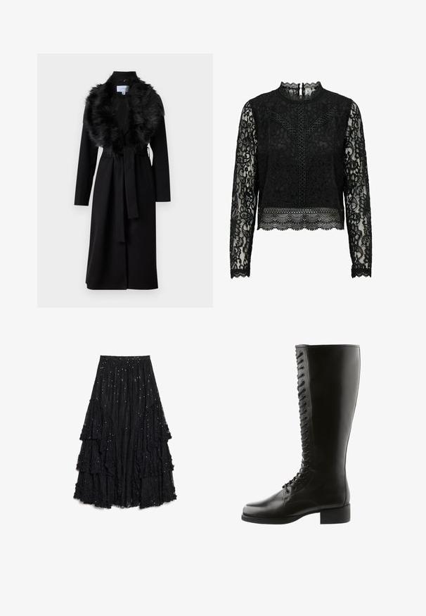 Lang sort frakke med en faux fur krave, bælte i taljen og lange ærmer. Har en glat tekstur og et enkelt, elegant design.; Sort blonde langærmet top med høj hals, indviklede blomstermønstre, bølget kanten og bagknaplukning.; Sort lagdelt nederdel lavet af struktureret blonder, med lag, der har en frynset finish og spredte pailletter for ekstra detaljer.; Sorte læder støvler til knæhøjde med snørebånd foran, rund tå og blokhæl, med en glat overflade og ingen synlige mønstre.