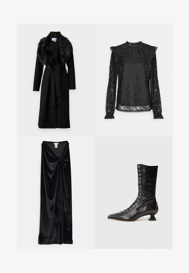 Lang sort frakke med en faux fur krave, bælte i taljen og lange ærmer. Har en glat tekstur og et enkelt, elegant design.; PIECES Tall PCOLLINE - Bluse - black; GmbH LONG SKIRT WITH A KNOT - Maxinederdele - black; Sort læder ankelstøvle med spids tå, snøring foran, metaløjer, lav blokhæl og et strømlinet design. Glat tekstur, moderne silhuet.