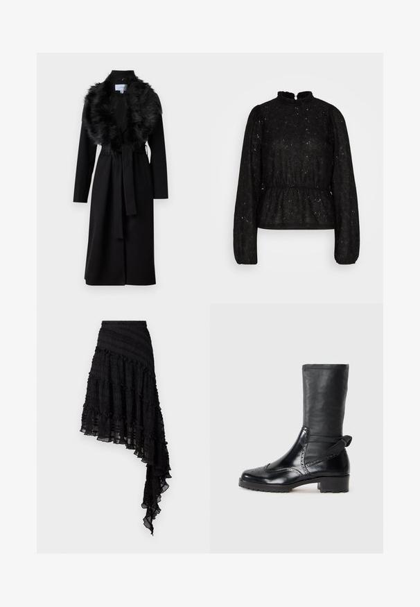 Lange zwarte jas met een nepbont kraag, ceintuur in de taille en lange mouwen. Beschikt over een soepele textuur en een eenvoudig, elegant ontwerp.; PIECES Tall PCJANESSA - Longsleeve - black; Zwarte asymmetrische rok met textuurplooien, gelaagde ruches en een smocktailleband. Lichtgewicht stof met een doorschijnende afwerking.; Zwarte enkelboot met een soepele leren bovenkant, brogue details, ronde neus en een blokhak van gemiddelde hoogte. Voorzien van een zachte, gestructureerde schacht.