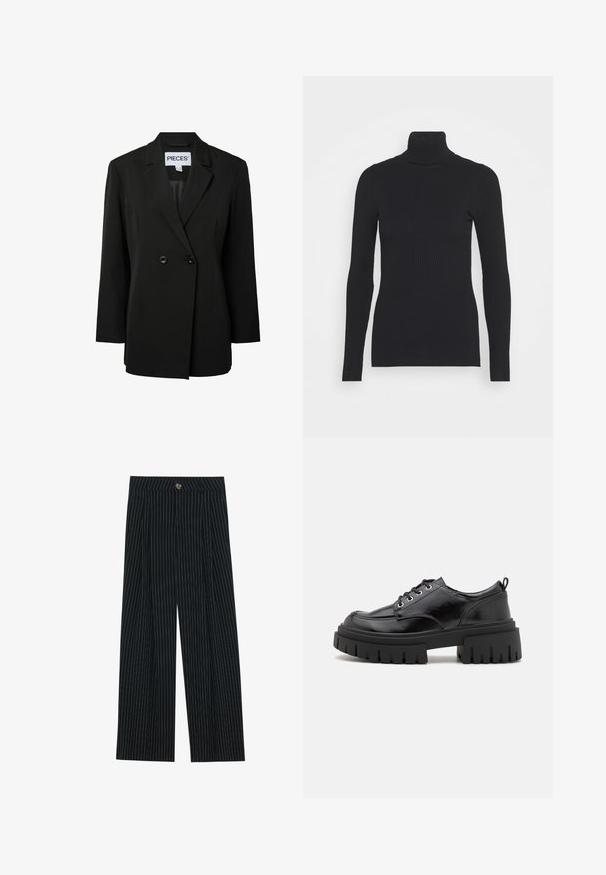 Pieces PCNOLINE LOOSE FIT - Σακάκι - black; Μαύρο ribbed ριχτό πουλόβερ, με μακριά μανίκια και στενή σιλουέτα. Η υφή είναι λείος με οριζόντιο ριπ σχέδιο.; Μαύρο παντελόνι σε ρίγες με φαρδιά πόδια, φτιαγμένο από υφασμάτινη υφή, με μπροστινό κούμπωμα και πτυχώσεις για πρόσθετο ενδιαφέρον.; Μαύρα δερμάτινα παπούτσια με κορδόνια, στρογγυλή μύτη, παχύ μαύρο τακούνι και ραβδωτή υφή. Διαθέτουν οπές για κορδόνια και λουράκι πίσω για εύκολη πρόσβαση.