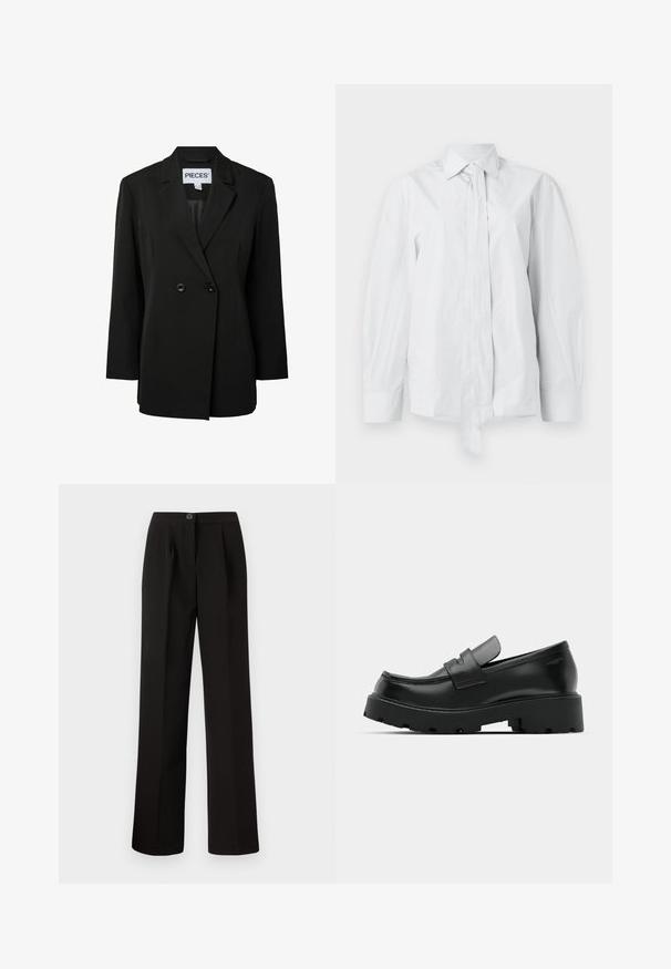 Pieces PCNOLINE LOOSE FIT - Σακάκι - black; Λευκό, μακρυμάνικο πουκάμισο με κλασικό γιακά και επιμήκη κορδόνι στο μπροστινό μέρος. Φτιαγμένο από λείο ύφασμα, με άνετη εφαρμογή και χωρίς σχέδια.; Μαύρο παντελόνι με ίσια γραμμή, διαθέτει πιέτες μπροστά, κλείσιμο με κουμπί και λεία, υφασμάτινη υφή.; Μαύρα δερμάτινα loafers με χοντρή υφασμάτινη σόλα, που διαθέτουν λωρίδα πάνω από το βεντ και λείο, γυαλισμένο φινίρισμα.