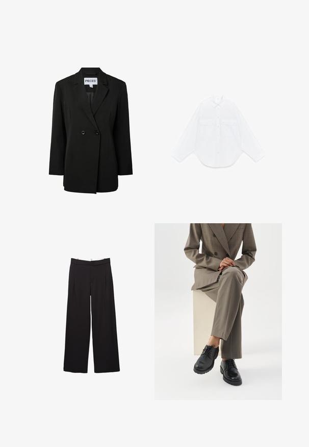 Pieces PCNOLINE LOOSE FIT - Blazer - black; Chemise blanche à manches longues avec boutons, col pointu et deux poches avant à rabat avec boutons, posée à plat sur un fond blanc.; Pantalon large noir à plis avant avec passants pour ceinture, coupe ajustée, taille moyenne, et fermeture avant dissimulée.; Personne portant un costume taupe assise sur un bloc blanc, jambes croisées, présentant des chaussures en cuir noires à lacets sur fond blanc.