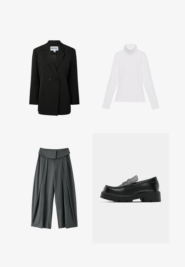 Pieces PCNOLINE LOOSE FIT - Blazer - black; Haut à col roulé à manches longues blanc, fabriqué en tissu lisse et extensible. Il présente un col haut et une coupe ajustée, sans motifs ni embellissements visibles.; Pantalon taille haute à jambes larges en gris foncé avec plis devant et large ceinture repliée, présenté sur fond blanc.; Mocassins en cuir noir avec une semelle épaisse et texturée, dotés d'une sangle sur le vamp et d'une finition lisse et polie.