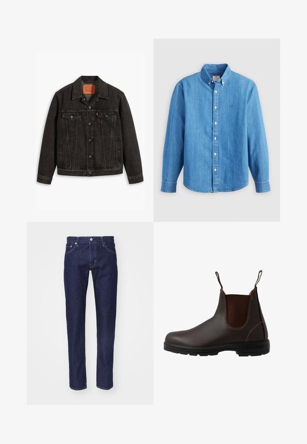 Zwarte spijkerjack met een klassiek ontwerp, voorzien van twee borstzakken, knoopsluiting en een puntige kraag. Gestructureerde stof met stikseldetails.; Lichtblauw denim overhemd met lange mouwen, button-down kraag en witte knopen. Heeft een klein geborduurd logo op de borst.; Marineblauwe denim spijkerbroek met een rechte pasvorm, vijf-pocket ontwerp, contrasterende oranje stiksels en een zilveren knoopsluiting aan de taille.; Bruine leren Chelsea-laars met elastisch zijpaneel, bruine stiksels, trekriempjes en een duurzame rubberen zool met een gestructureerd patroon.