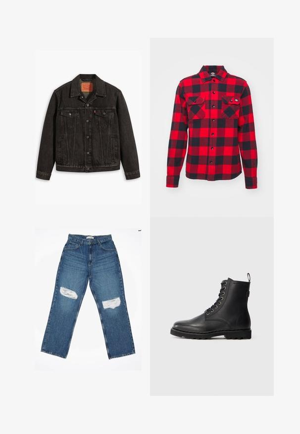 Mustvalge denim jakk klassikalise disainiga, millel on kaks rinna taskut, nupuvajutuse sulgemine ja terav krae. Tekstuuriga kangas, millel on õmblusdetailid.; Punane ja must ruuduline flanellsärk, millel on pikad varrukad, kaks rinna taskut ja nööpidega sulgemine, klassikalise kraega ja tekstureeritud kangaga.; Heledad sinine denim teksad sirge lõikega, millel on kaks kulunud põlvekohatuge ja tavaline viie tasku stiil.; Mustad mustav nahast pahkluu saapad ümmarguse varbaga, nööridega disain ja metallist silmad. Omab tekstureeritud talla ja tõmbeabba kanna juures hõlpsaks selga panemiseks.