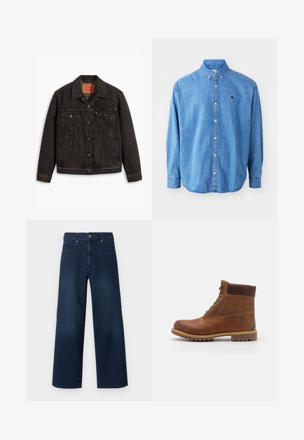 Sort denimjakke med et klassisk design, der har to brystlommer, knaplukning og spids krave. Textureret stof med sømdetaljer.; Denim button-down skjorte, lyseblå i farven, med krave, lange ærmer og et lille logo på brystet. Har hvide knapper og syninger.; Mørkeblå, vidde jeans med knap- og lynlåslukning foran, for- og baglommer, vist mod en hvid baggrund.; Brun læder vandrestøvle med en glat finish, polstret ankel, metalliske snørehuller og en gummisål med et robust dækmønster.