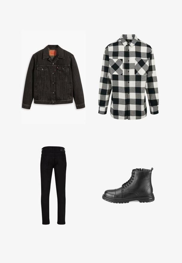 Zwarte spijkerjack met een klassiek ontwerp, voorzien van twee borstzakken, knoopsluiting en een puntige kraag. Gestructureerde stof met stikseldetails.; Zwart-wit geruit flanellen shirt met een groot ruitpatroon, lange mouwen, een knoopsluiting aan de voorkant en twee borstzakken. Gemaakt van zachte stof.; Zwarte stretchjeans met een slim fit, voorzien van een middelhoge taille en twee achterzakken. Glad textuur met minimale hardwaredetails.; Zwarte leren enkelboots met een ronde neus, vetersluiting aan de voorkant, textuur op het oppervlak en een chunky rubberen zool met een trekhaak aan de achterkant.