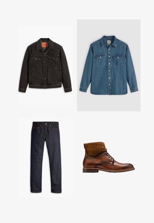 Sort denimjakke med et klassisk design, der har to brystlommer, knaplukning og spids krave. Textureret stof med sømdetaljer.; Blå denimskjorte med lange ærmer, knappet front, to brystlommer og krave. Har syningsdetaljer og en afslappet pasform.; Mørkeblå denimjeans med lige pasform, fem-lomme design, kobbernitter, gul syning og et markant struktureret stof.; Kazar ALID - Snørestøvletter - brown