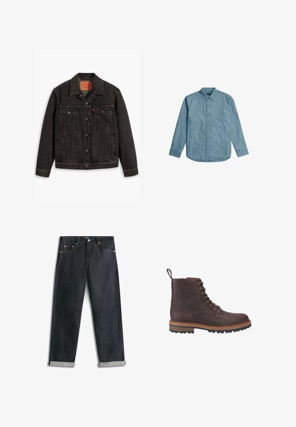 Zwarte spijkerjack met een klassiek ontwerp, voorzien van twee borstzakken, knoopsluiting en een puntige kraag. Gestructureerde stof met stikseldetails.; Lichtblauwe denimikker met een button-down kraag, lange mouwen en een gebogen zoom. Heeft een subtiele textuur en een standaard knopenlijst.; Donkerblauwe spijkerbroek met omgeslagen boorden, vijf zakken en contrasterende stiksels, plat uitgespreid op een witte achtergrond.; Bruine leren veterschoenen tot boven de enkel met een gestructureerde afwerking, contrasterende beige zolen en metalen veteroogjes. Voorzien van een trekkoordje voor gemakkelijk aan- en uittrekken.