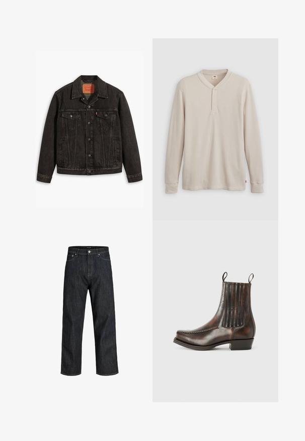 Sort denimjakke med et klassisk design, der har to brystlommer, knaplukning og spids krave. Textureret stof med sømdetaljer.; Langærmet henley-skjorte i lys beige ribbet stof, med V-hals, tre-knap placket og manchetter ved ærmerne. Rød logo-tags ved kanten.; Mørkeblå denimjeans med et design med lige ben, som har lukning med knap og minimal syning. Stoffet har en glat, tekstureret overflade.; Brun læder ankelstøvle med en glat overflade, elastiske sidepaneler, en rund tå, dekorativ syning og en lav blokhæl.