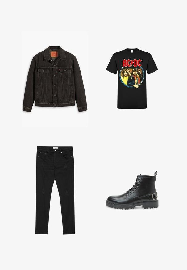 Sort denimjakke med et klassisk design, der har to brystlommer, knaplukning og spids krave. Textureret stof med sømdetaljer.; rockshirts AC/DC HIGHWAY TO HELL NORTH AMERICA TOUR - T-shirts print - black; Sorte slim-fit jeans med subtile slidte pletter, metalknap, forlommer og et Pier One-mærke i taljen.; Sort læder kampsko med snørebånd, metaløjer, robust sål, trækstrop ved hælen og en dekorativ spænde rem på siden.