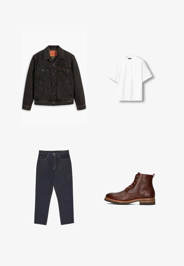 Zwarte spijkerjack met een klassiek ontwerp, voorzien van twee borstzakken, knoopsluiting en een puntige kraag. Gestructureerde stof met stikseldetails.; Effen wit oversized T-shirt met korte mouwen en een ronde hals, met een zwart label aan de binnenkant van de achterkant van de kraag, getoond op een lichte achtergrond.; Donkerblauwe spijkerbroek met rechte pijpen, voorzakken, riemlussen en zichtbare stiksels op een witte achtergrond.; Bruine leren enkellaars met ronde neus, vetersluiting, contrasterende hak en zolen, en een reliëflogo op de zijkant.