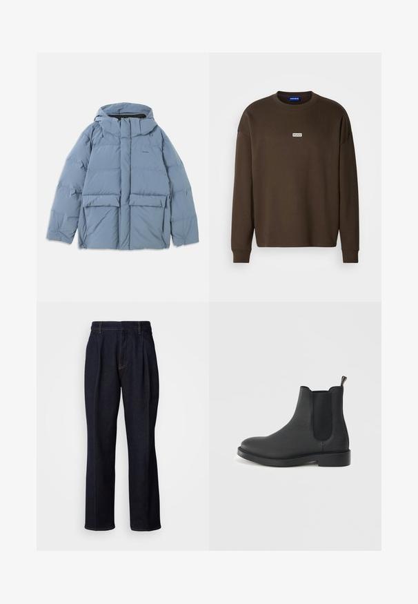 Lyseblå dunjakke med hætte, der har en frontlynlås, to store forreste lommer og en glat, quiltet tekstur.; Brun langærmet sweatshirt lavet af bomuld, med rund hals og en lille hvid "HUGO"-logo på brystet. Tekstureret stof.; Mørkeblå vidde denim jeans med frontfældninger og orange syninger, vist på hvid baggrund.; Sort læder Chelsea-støvle med en tekstureret finish, elastiske sidetrapper, trækflap og en rund tå oven på en flad sål.