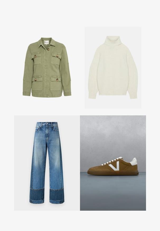 Olivgrüne Jacke aus Baumwollmischung, mit vorderem Knopfverschluss, vier Taschen und einem klassischen Kragen. Strukturiertes Stofffinish.; Turtleneck-Pullover in Creme, aus weichem Strickmaterial gefertigt. Verfügt über einen lockeren Schnitt, Raglanärmel sowie gerippte Bündchen und Saum.; Jeans mit weitem Bein aus hellblauem Denim, mit einem zweifarbigen Design in verschiedenen Blautönen, Steppnähten und einem klassischen Knopfverschluss.; Brauner Wildleder-Sneaker mit weißen Akzenten, Schnürdesign, Gummisohle und strukturierten Details. Fotografiert vor einem Holzuntergrund.