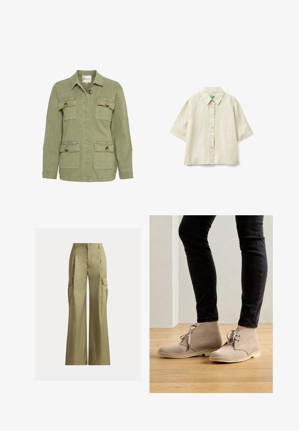 Olijfgroene jas van een katoenmix, met een sluiting aan de voorkant met knopen, vier zakken en een klassieke kraag. Textuur op de stof.; Beige korte mouw blouse met kraag en vijf knopen, gemaakt van lichtgewicht stof, plat uitgestald op een witte achtergrond.; Khaki cargobroek met wijde pijpen, hoge taille, knoop- en ritssluiting en klepzakken aan beide zijden.; Beige suède enklaarsjes met een ronde neus, vetersluiting en contrasterende stiksels, gedragen met zwarte slim-fit broek op een houten vloer.