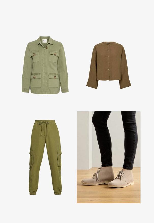 Olijfgroene jas van een katoenmix, met een sluiting aan de voorkant met knopen, vier zakken en een klassieke kraag. Textuur op de stof.; Bruine cropped blouse met knopen, lange wijde mouwen en ronde halslijn, linnen stof, maat 36.; Olijfgroene cargobroek met elastische tailleband, trekkoord en enkelboorden. Voorzien van zijzakken en een ontspannen, taps toelopende pasvorm.; Beige suède enklaarsjes met een ronde neus, vetersluiting en contrasterende stiksels, gedragen met zwarte slim-fit broek op een houten vloer.