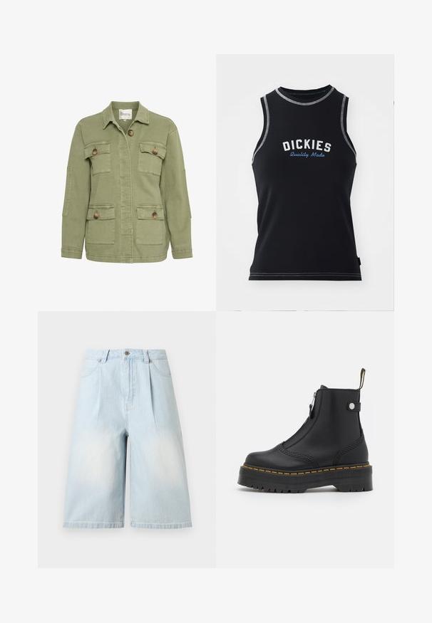 Olivgrüne Jacke aus Baumwollmischung, mit vorderem Knopfverschluss, vier Taschen und einem klassischen Kragen. Strukturiertes Stofffinish.; Schwarzes ärmelloses Tanktop mit grauen Nähten. Mit dem "DICKIES"-Logo in Weiß und Blau. Aus einem glatten, dehnbaren Stoff.; Hellblaue Denim-Bermudashorts mit vorderen Taschen, Gürtelschlaufen, Knopfverschluss und leicht ausgewaschenem Effekt.; Schwarze Knöchelboots aus glattem Leder, ausgestattet mit einem seitlichen Reißverschluss, gelben Nähten und einer dicken, geriffelten Gummisohle.