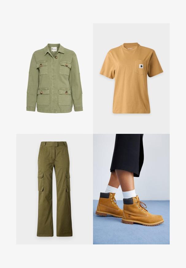 Olijfgroene jas van een katoenmix, met een sluiting aan de voorkant met knopen, vier zakken en een klassieke kraag. Textuur op de stof.; Effen bruine T-shirt met korte mouwen en een borstzakje met een vierkante merklogo-patch, getoond op een effen lichte achtergrond.; Olijfgroene cargobroek van een katoenmix, met een rechte pijp, twee zijzakken en een knoopsluiting bij de taille.; Tan suède enkellaarsjes met bruine leren accenten, gouden oogjes en een getextureerde zool. Witte sokken zichtbaar boven de laarsjes.