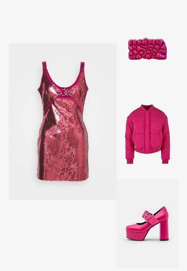 Fuchsia cropped pufferjack met een ronde hals, ribbelmanchetten en een sluiting aan de voorkant. Beschikt over gequiltte panelen en een gladde textuur.; Paillettenjurk in glanzend roze met een getailleerd ontwerp. Heeft een diep uitgesneden halslijn, brede schouderbanden en een decoratieve hardware accent aan de voorkant.; LAMODA FORGET ME PLATFORM - Hoge hakken - fuchsia; Glinsterende roze rechthoekige clutch met verhoogd, onregelmatig textuurpatroon en klein gouden sluitinkje bovenop tegen een witte achtergrond.