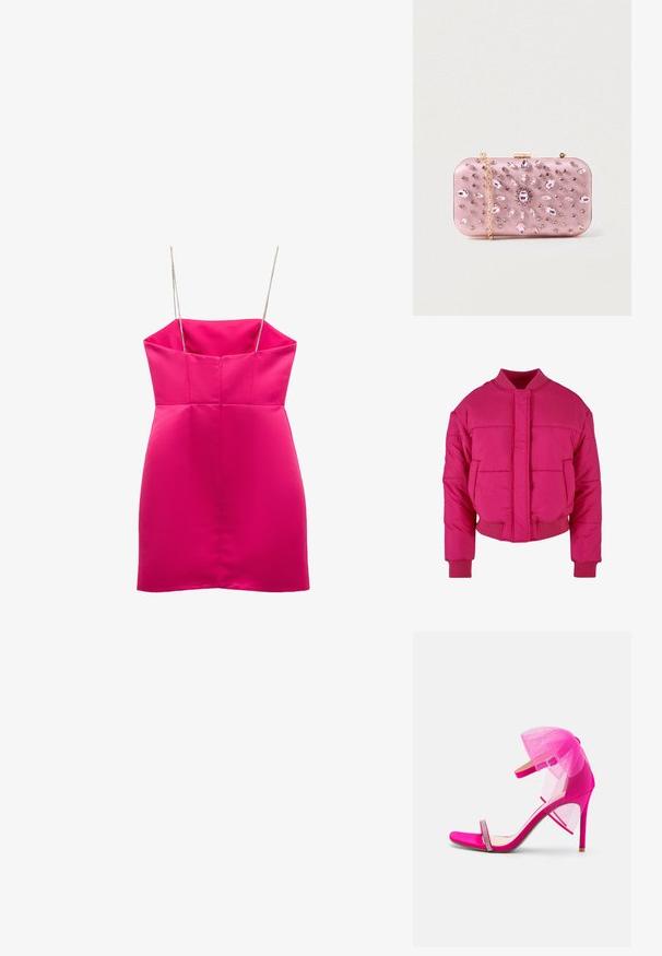 Chaqueta acolchada corta de color rosa brillante con cuello redondo, puños acanalados y cierre en el frontal. Presenta paneles acolchados y una textura suave.; Koton MINI - Vestido de cóctel - pink; Sandalia de tacón alto en rosa fucsia con acento de tul de malla, punta abierta, tirante delgado en el tobillo y detalles de strass en la parte frontal.; Clutch de satén rosa con adornos de joyas, forma rectangular, cadena dorada y cierre de broche, con un diseño floral en strass.