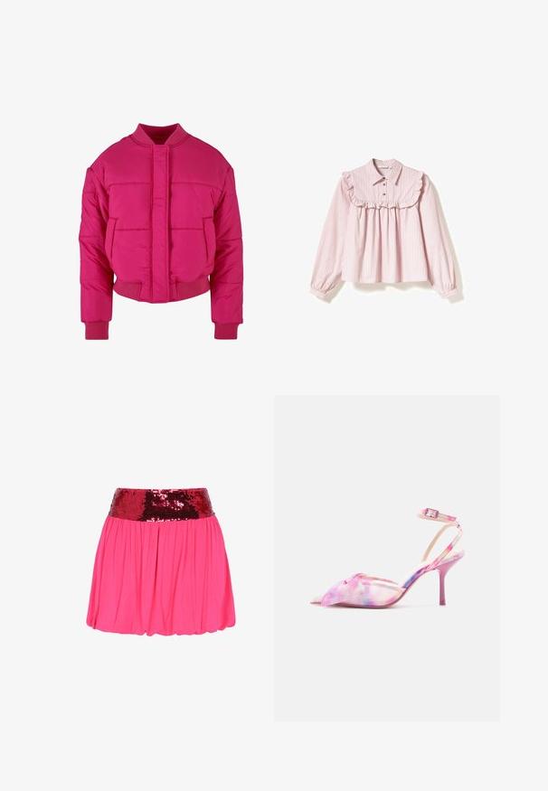 Fuchsia cropped pufferjack met een ronde hals, ribbelmanchetten en een sluiting aan de voorkant. Beschikt over gequiltte panelen en een gladde textuur.; Lichtroze blouse met verticale witte strepen, ronde kraag, ruches langs de halslijn en lange pofmouwen. Vier knopen aan de voorkant.; Roze rok met brede rode pailletten tailleband en geplooide stof die een ballonzoom-silhouet creëert tegen een witte achtergrond.; Roze en paarse tie-dye sandaal met hoge hak, enkelbandje, puntige neus en decoratieve strik aan de voorkant.