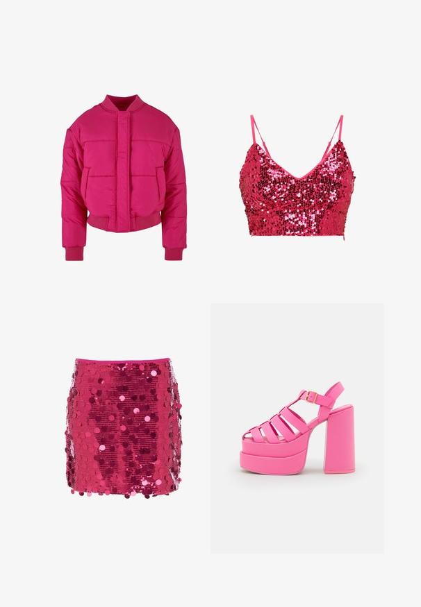 Fuchsia cropped pufferjack met een ronde hals, ribbelmanchetten en een sluiting aan de voorkant. Beschikt over gequiltte panelen en een gladde textuur.; Roze, met pailletten versierde bralette met dunne bandjes. Heeft een V-hals ontwerp, versierd met glanzende rode en roze pailletten die de gehele stof bedekken.; Korte roze minirok met grote ronde glanzende pailletten overal en een gladde tailleband.; Steve Madden CARLITA - Sandalen met hoge hak - pink