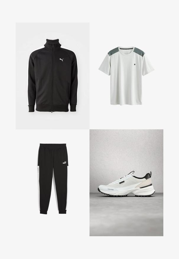 Zwarte ritssluitingjack gemaakt van gladde stof, met witte zijstrepen en een hoge kraag, met een klein wit Puma-logo op de borst.; Wit sportief T-shirt met korte mouwen, grijze mesh schouderpanelen en een klein zwart logo op de linkerborst.; Zwarte jogger broek met elastische tailleband, zijzakken en witte zijpanelen. Kenmerkt een witte "PUMA" logo aan de voorkant.; Witte en zwarte Calvin Klein sneaker met zijvakken van mesh en een dikke zool, zwevend boven een grijze vloer nabij een glasblokmuur.