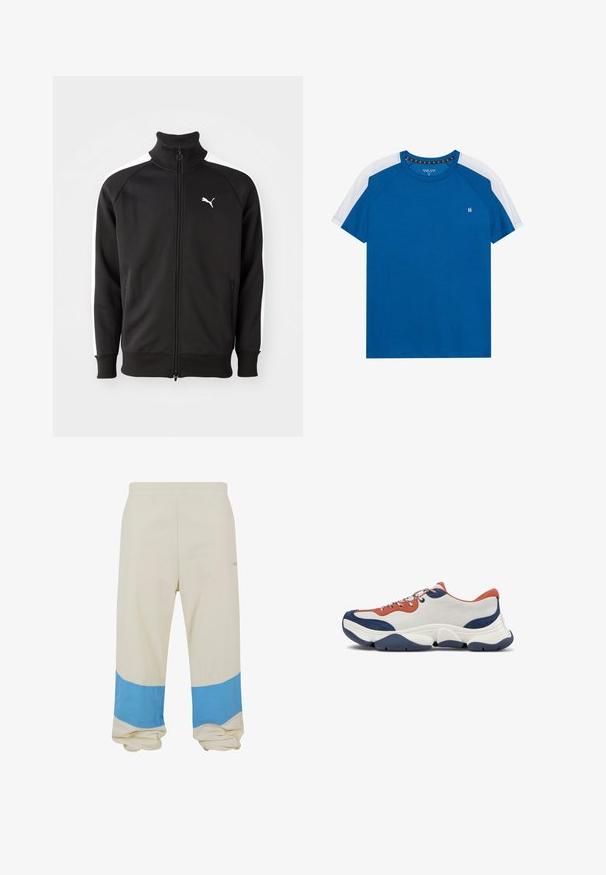 Zwarte ritssluitingjack gemaakt van gladde stof, met witte zijstrepen en een hoge kraag, met een klein wit Puma-logo op de borst.; Blauwe katoenen T-shirt met witte raglanmouwen, ronde hals en een klein logo op de linkerborst. Soepele textuur, casual ontwerp.; Beige broek met een brede blauwe band bij de zoom. Gemaakt van zachte stof, met een elastische taille en een comfortabele pasvorm.; Sneakers met een bovenwerk van wit leer, oranje en marineblauwe accenten, meerkleurige veters en een dikke marineblauwe rubberen zool met gekartelde groeven.