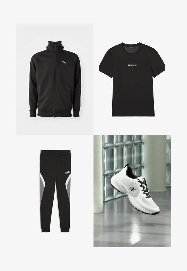 Veste noire zippée en tissu lisse, avec des rayures latérales blanches et un col montant, arborant un petit logo Puma blanc sur la poitrine.; T-shirt de sport noir à manches courtes avec empiècements en mesh sur le haut de la poitrine et les épaules, arborant le logo "Calvin Klein" centré sur le devant.; Pantalon de survêtement Puma noir avec taille élastique, poignets resserrés, panneaux latéraux incurvés gris et blancs, logo Puma sur la cuisse gauche supérieure.; Chaussure de sport blanche et noire avec des lacets noirs et le logo CK, flottant au-dessus d'un sol en béton réfléchissant dans une pièce moderne avec des parpaings de verre.