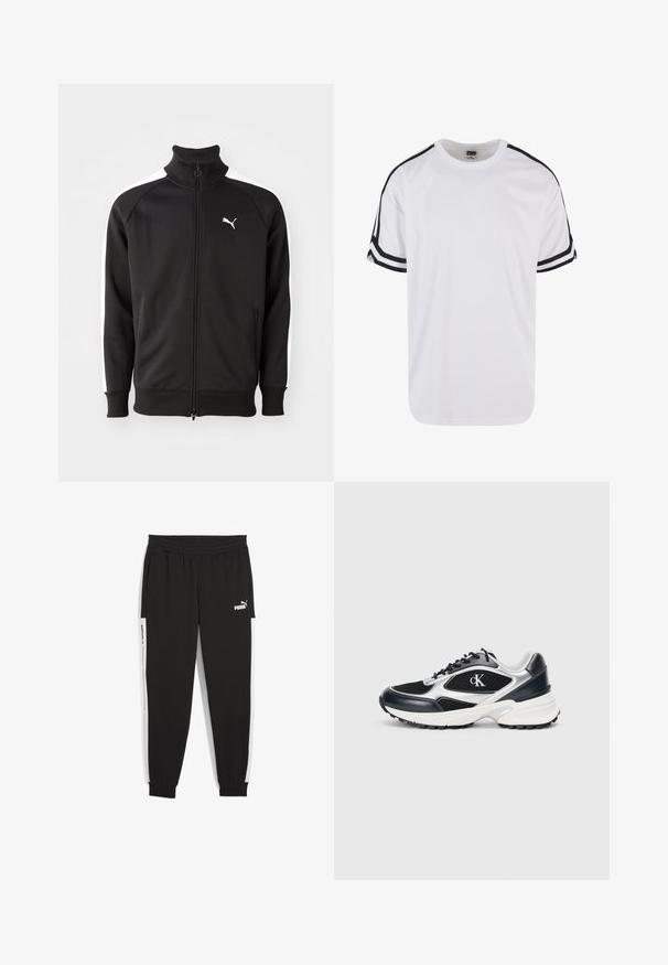 Veste noire zippée en tissu lisse, avec des rayures latérales blanches et un col montant, arborant un petit logo Puma blanc sur la poitrine.; T-shirt blanc à manches courtes en tissu maillé avec des accents noirs le long des épaules et trois bandes noires sur les manches. Encolure arrondie.; Pantalon de jogging noir avec taille élastique, poches latérales et panneaux latéraux blancs. Présence du logo "PUMA" en blanc sur le devant.; Baskets de sport noires et argentées avec une tige en mesh et en synthétique, accents texturés, semelle intermédiaire blanche épaisse et semelle extérieure en caoutchouc noir. Avec logo.